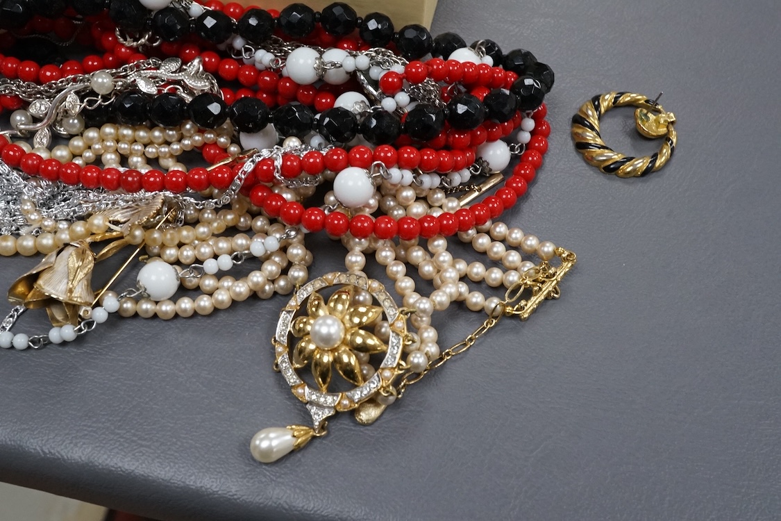 A quantity of assorted costume including necklaces, bangle, etc. and two wrist watches.